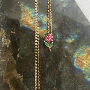 Gold Vermeil Sterling Silver 925 Dainty Ruby Emerald Flower Pendant Necklace